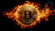 Golden Bitcoin engulfed in flames on black background - rising p