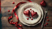 Valentine S Day Festive Table Setting Flat Lay With Two Red Heart Shape Chocolate Candies On White Plate Fork Knife And Red Ribbons On Wooden Table Valentine Day Love Dating Concept Copy Space