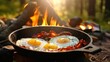 Breakfast on an Open Fire Camp: Scrambled Eggs and Bacon in a Cast Iron Frying Pan in the Forest