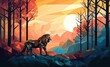 A majestic low-poly lion stands in a lush forest, its vibrant colors and stylized form capturing the essence of both painting and anime