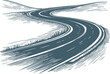 Vector graphic featuring a meandering paved road extending into the distance, presented as a simple stencil illustration