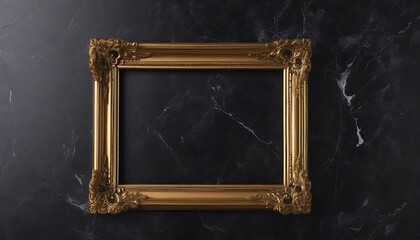 Empty gold frame on black marble wall background 