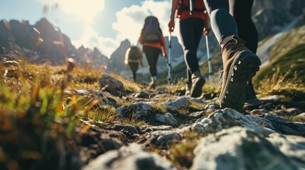 close-up of a group of hikers walking on a mountain path focus on hiking boots.