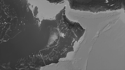 Wall Mural - Oman outlined. Grayscale elevation map
