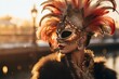 Colorful masks and costumes at traditional Carnival in Venice. Beautiful woman in mysterious mask on the street. Venetian carnival. Mardi Gras, masquerade party or holiday event
