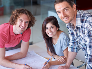 Wall Mural - Teamwork, blueprint or portrait of creative people in meeting for development or architecture in startup. Happy engineers, smile or designers planning floor plan strategy, project or problem solving