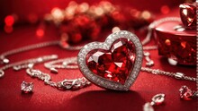 A Stunning Luxury Heart Necklace Adorned With Sparkling Diamonds Set Against A Vibrant Red Background That Exudes Passion And Elegance.