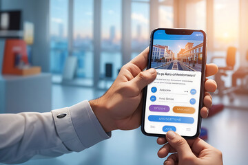 3D male hand presses the button in the smartphone. Application for booking tours. Choice of recreation program, remote payment of service. Modern phone app ad template design.