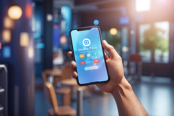 3D male hand presses the button in the smartphone. Application for booking tours. Choice of recreation program, remote payment of service. Modern phone app ad template design.