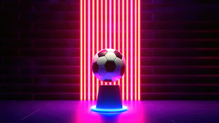 Wall Mural - Football ball on a show stage with neon vertical lights