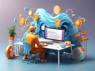 3d Project management concept. Design and programming on the product, communication team, and CMS development. Web development and coding. 3d render illustration design