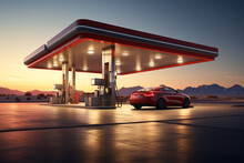 Petrol Station With Red Car At Sunset. 3D Rendering.