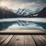Fototapeta Przestrzenne - Beautiful snowy rock mountain glacier lake fresh landscape scenery with rustic wooden plank table 