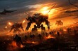 © Jahan Mirovi - Military silhouettes fighting scene on war fog sky background, War Concept, Soldiers Silhouettes Below Cloudy Skyline at sunset,  Attack scene, giant robots vs cyborgs, gaming art.