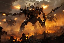 Fantasy Scene Of Soldiers Fighting With A Giant Robot, Sci-fi Robots Standing On The Ruins Of City In An Attacking Pose With Assault Gun, Apocalypse Concept, Storm Trooper Robots.