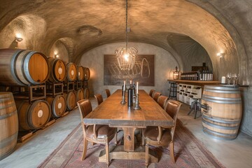 Wall Mural - Rustic wine cellar with barrel tasting and vineyard history