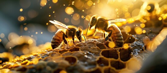 Wall Mural - Honey bees work on the honeycomb with pollen. Copy space image. Place for adding text