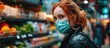 Woman wearing protective mask preparing for virus pandemic spread quarantine Hygiene cleaning and disinfection products Preventive measures and protection Supply shopping during the epidemic