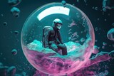 Fototapeta Łazienka - A solitary figure encapsulated in a transparent bubble, surrounded by the tranquil blue waters of an aquarium