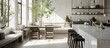 Elegant modern farmhouse interior kitchen dining with bar white marble charcoal grey chairs bar stools and decor. Copy space image. Place for adding text