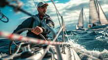 An Immersive Photograph Capturing A Sailor Steering A Sleek Yacht Through A Regatta, With Other Boats In The Background And The Sailor's Focused Expression Highlighting The Competi