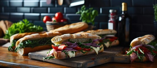 Wall Mural - Picture of Various sandwiches on a shop counter. Copy space image. Place for adding text