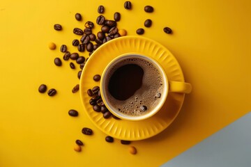 Wall Mural - Cup of black coffee with coffee beans on white and yellow background