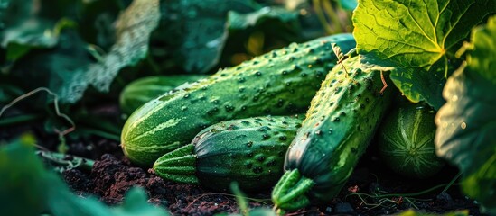 Two cucumbers ripen on a bed in the sun. Copy space image. Place for adding text