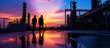 Silhouette of Teams engineer and foreman working at petrochemical oil refinery in sunset. Copy space image. Place for adding text