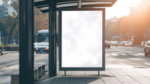 White Bus Stop Billboard Poster In A Station With Cars In Moving In The Background, Front View, Mockup Concept Blank Poster, City Traffic