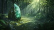 Big Gemstone mineral in fabulous forest, fantasy nature, fairy tale landscape