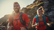 Trail runners navigating a rocky terrain,  their smiles showing their determination