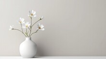White Vase With Gypsophila Flowers On A White Shelf. Empty Background With Copy Space. Generative AI.