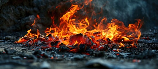 Poster - flames burning paper on a fire pit. copy space image. place for adding text