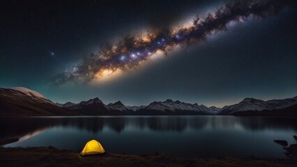 Wall Mural - night in the mountains  A night landscape with a colorful milky way and yellow light from the mountains. 