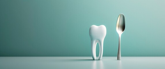 model of tooth with fork in the isolated on pastel blue background
