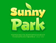 Vector funny emblem Sunny Park with decorative Leaf. Green 3D Font. Cute Alphabet Letters, Numbers and Symbols set
