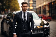 Sophisticated stylish man in a tailored suit, leaning confidently against a sleek luxury car, with an urban cityscape in the background, exuding elegance and success