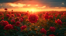 Red Rose Field In Sunset Light