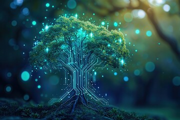  Illustration of a tree with electronic circuit boards. Concept. Relationship of technology and environment. 3D illustration. Rendering.
