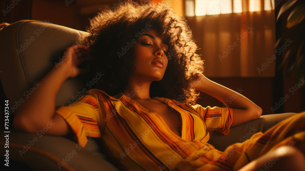 Beautiful young African American woman in a yellow dress sitting on the ...