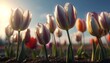 Glassmorphism tulips standing tall in a field, their translucent petals capturing and refracting sunlight