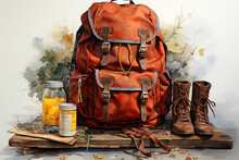School Backpack Illustration Isolated. Cartoon Backpack, School Still Life. A Stack Of Books With Apple, Pencil Case With Pencils, Pen, Scissors, Eraser, Ruler And Pencil Sharpener On The Background 