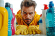 Upset man with cleaning products ready for a cleaning day. Housekeeping responsibilities, housecleaning and house maintenance concept. Sharing house tasks