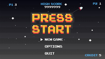 PRESS START INSERT A COIN TO CONTINUE .pixel art .8 bit game.retro game. for game assets in vector illustrations.Retro Futurism Sci-Fi Background. glowing neon grid.and stars from vintage arcade comp
