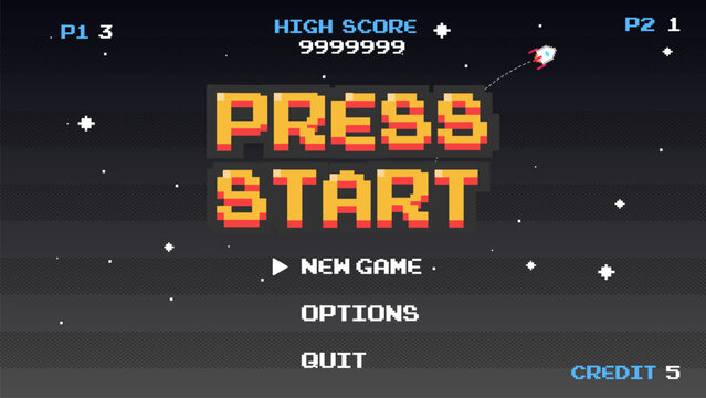 PRESS START INSERT A COIN TO CONTINUE .pixel art .8 bit game.retro game. for game assets in vector illustrations.Retro Futurism Sci-Fi Background. glowing neon grid.and stars from vintage arcade comp