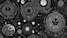 Black And White Wallpaper With Antique Aztec Pattern With Stars, Sun And Moon 4K