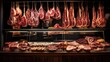 Grilled and barbecued meat sizzling over an open flame in a vibrant marketplace, showcasing a variety of fresh and raw options such as pork, beef, ham, sausages, bacon, lamb, and squid, with a touch o