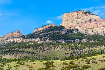 Twin Buttes, Bighorn National Forest in Wyoming,  is seen from Bighorn Scenic  Byway Route 14 near Burgess Junction. This is a beautiful mountain area.