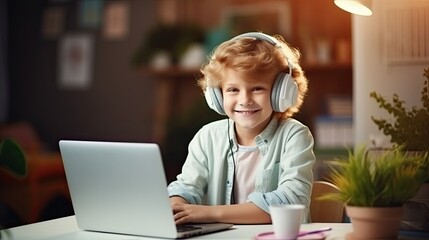 Wall Mural - Smiling boy sitting at desk with laptop. Student study at home and learning online